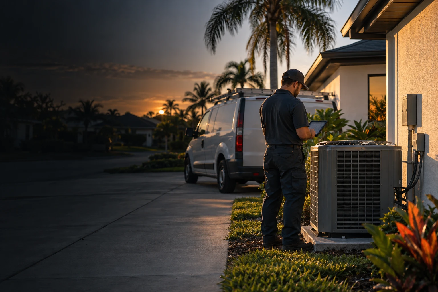 Illustrative AI-generated scene of an HVAC technician beside a service van at a Florida home